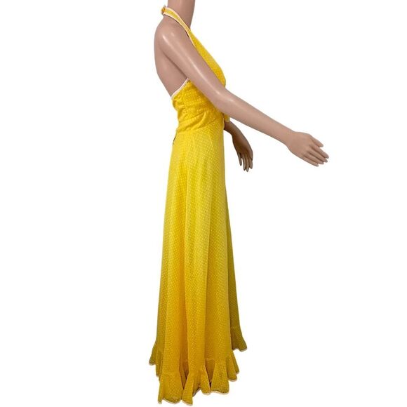 Vtg Maxi Dress Sz XS/S Hostess Halter Yellow White Polka Dot Sheer Overlay 70s - Picture 6 of 16